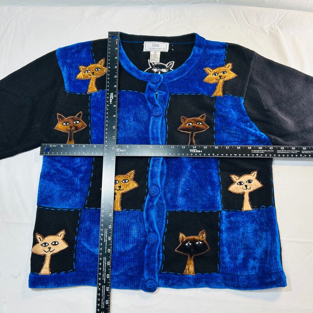 Lisa International Vintage Cat Patchwork Cardigan Blue Black Knit Sweater Large - Picture 3 of 5